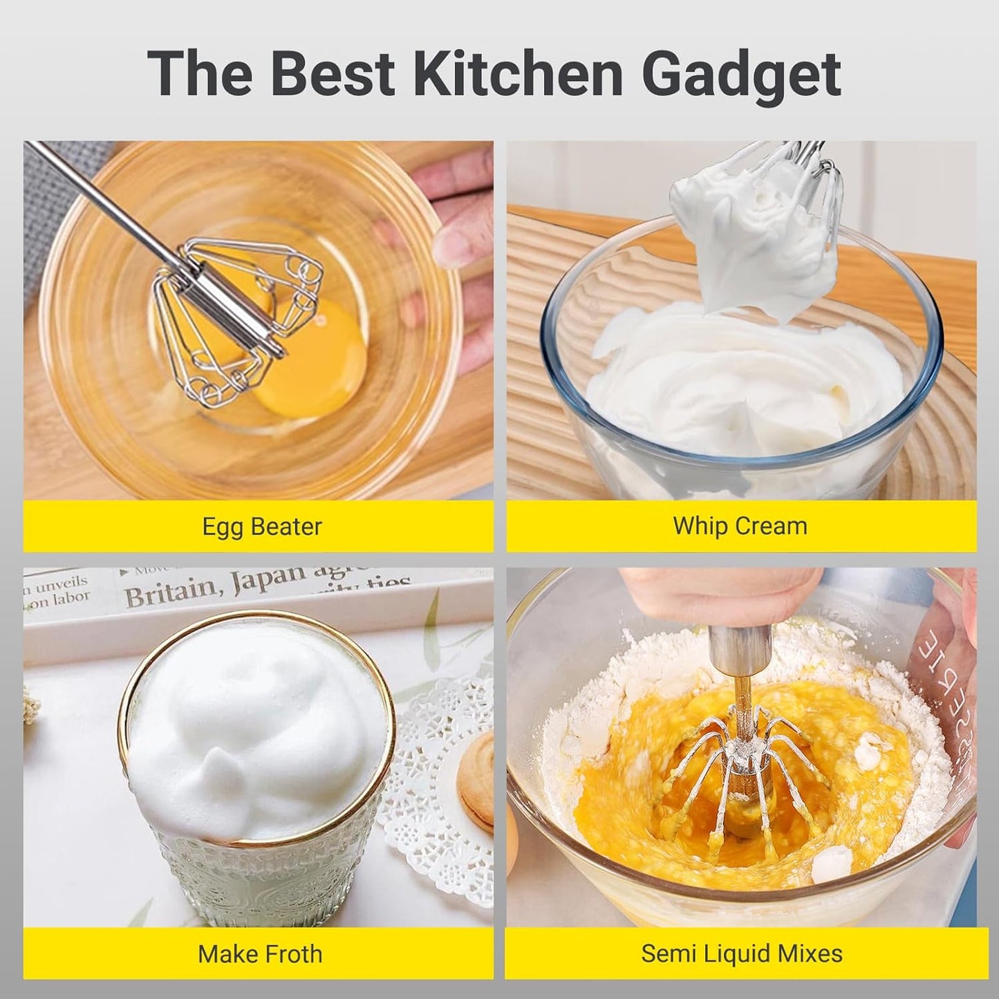 Egg Whisk, Upgraded Stainless Steel Semi Automatic Whisk,Hand Wisk Egg Beater Easy to Use for Making Cream, Blending, Whisking, Beating & Stirring (12 Inch)