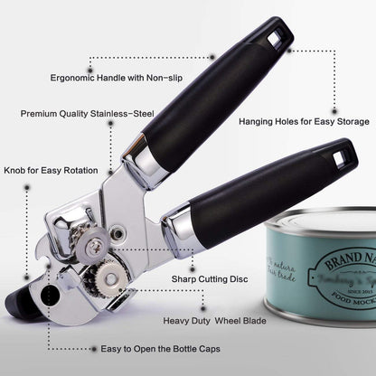 Can Opener, 3-In-1 Manual Can Openers, Cordless Tin Opener with Lids off Jar Opener and Bottle Opener in One, Smooth Edge and Heavy Duty Stainless Steel Sharp Blade