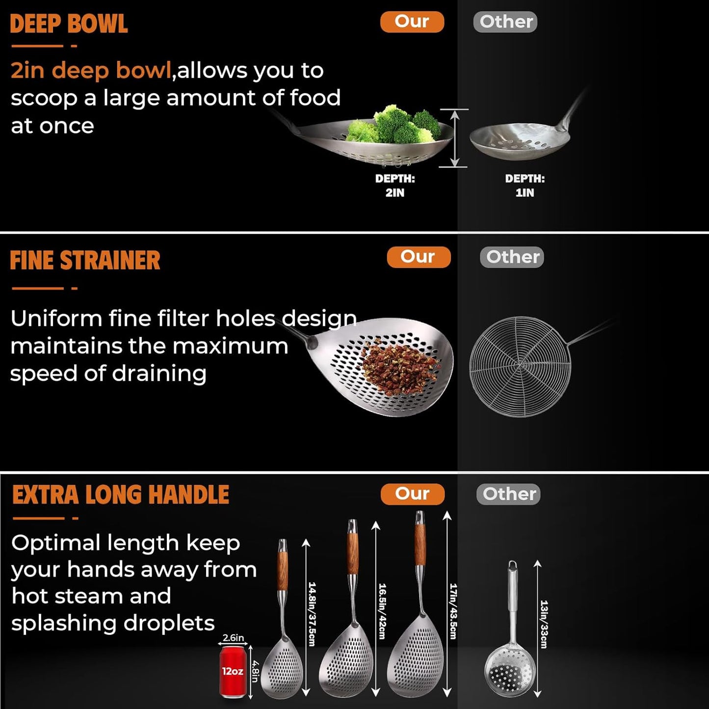 MARTE Skimmer Slotted Spoon Set of 4 - Kitchen Pasta Strainer Spoon - Spider Strainer Skimmer Ladle Spoon with Holder for Cooking and Frying Food, Spaghetti, Vegetable, Dumpling - 14.8In,16.5In,17In