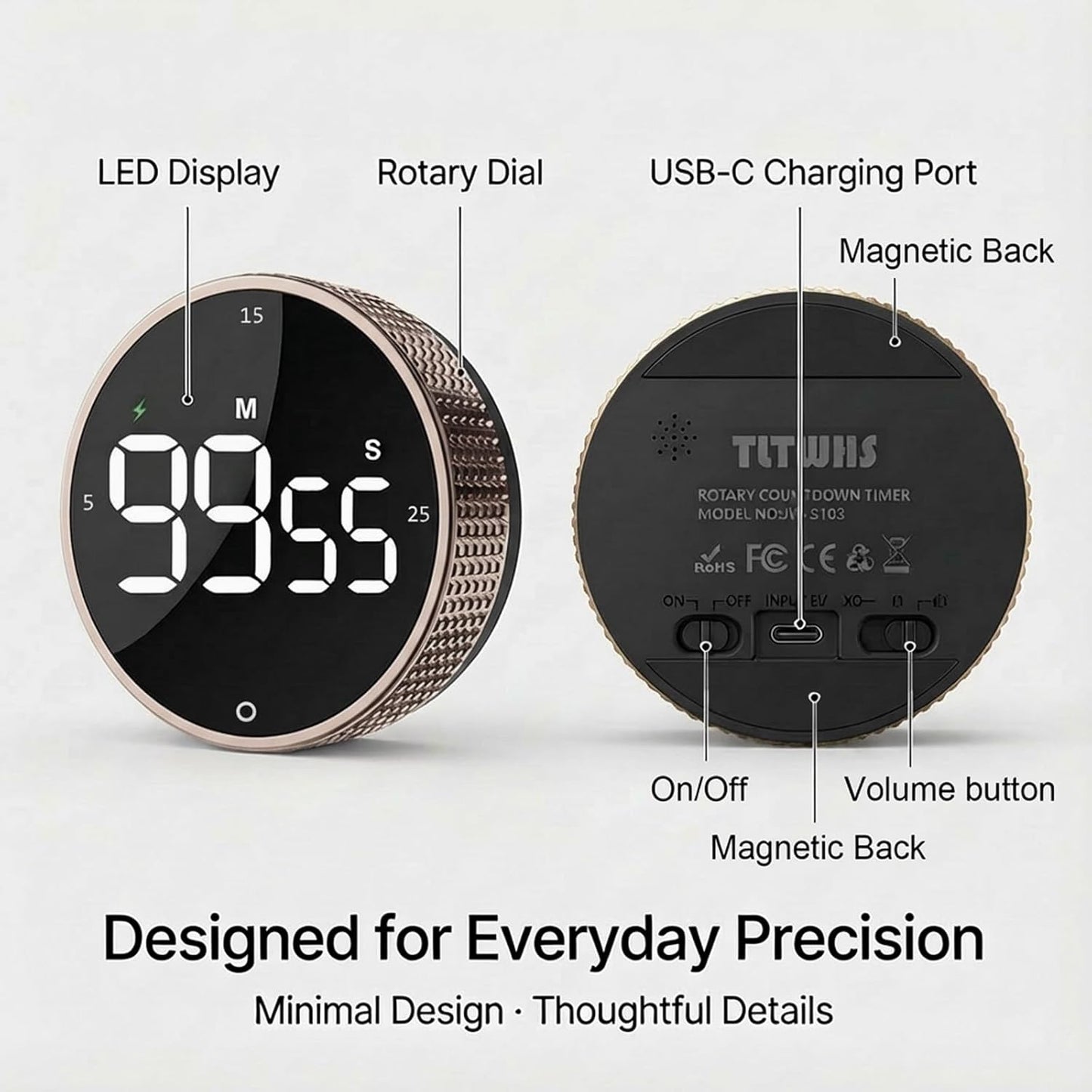 Rechargeable Magnetic Kitchen Timer, LED Countdown/Count-Up Timer, Supports USB-C Charging, with Loud Alarm, 3 Preset Quick Times (5/15/25m), Perfect for Kitchen Cooking, Studying, and Fitness