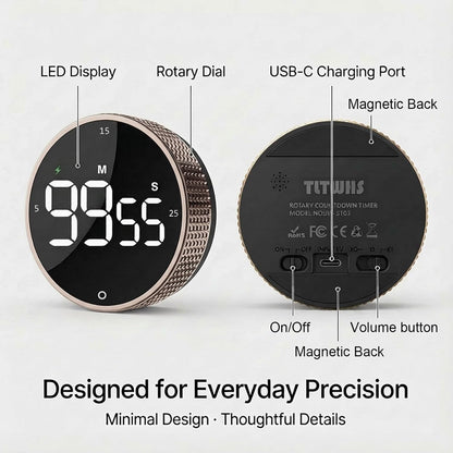 Rechargeable Magnetic Kitchen Timer, LED Countdown/Count-Up Timer, Supports USB-C Charging, with Loud Alarm, 3 Preset Quick Times (5/15/25m), Perfect for Kitchen Cooking, Studying, and Fitness