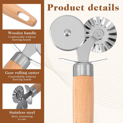 Double Wheel Pastry Cutter with Premium Wooden Handle, Stainless Steel Dual-Head Ravioli & Pasta Cutter for Pizza, Cookies, and Pasta, Multipurpose Baking Tool for Kitchen