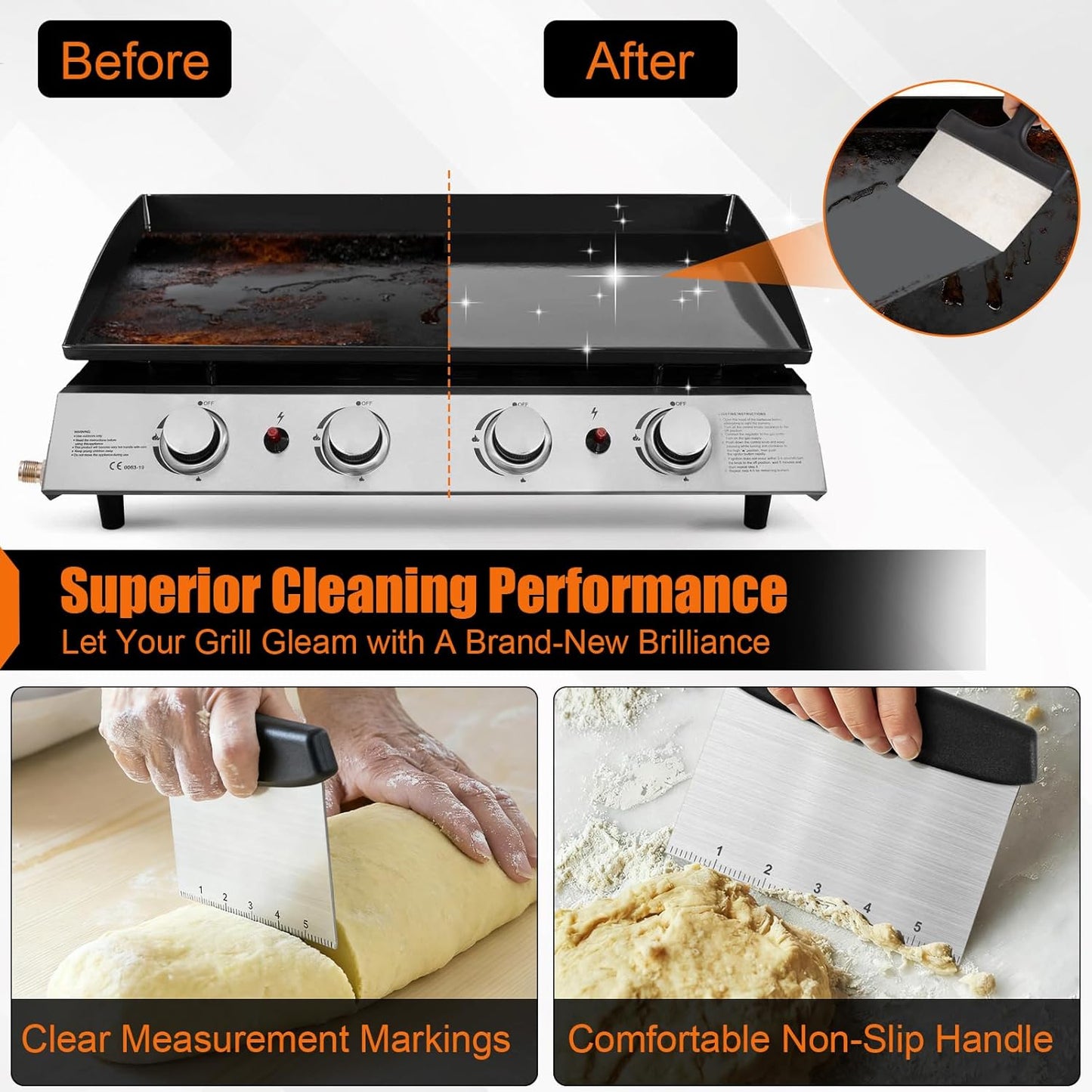 Bench Scraper,Dough Scraper,Premium Stainless Steel Dough Cutter with Measuring Scale,Multi- Purpose Food Scraper for Pastry,Cake,Pizza,Bread,Cooking
