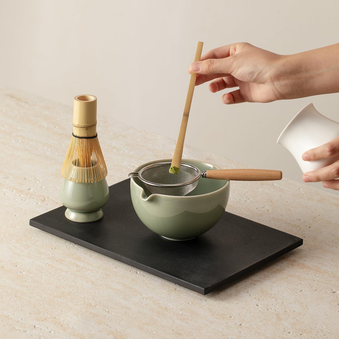 Matcha Whisk Set, Matcha Set with Ceramic Matcha Bowl, Bamboo Whisk & Holder, Sifter, Tea Scoop (Black Gold)