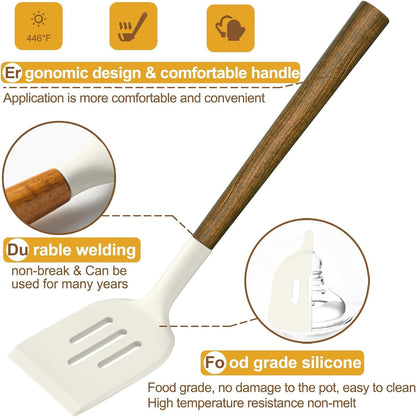 Silicone Cooking Utensil Set, Umite Chef 8-Piece Kitchen Utensils Set with Natural Acacia Wooden Handles,Food-Grade-Silicone Kitchen Gadgets Spatulas Set for Nonstick Cookware- Black