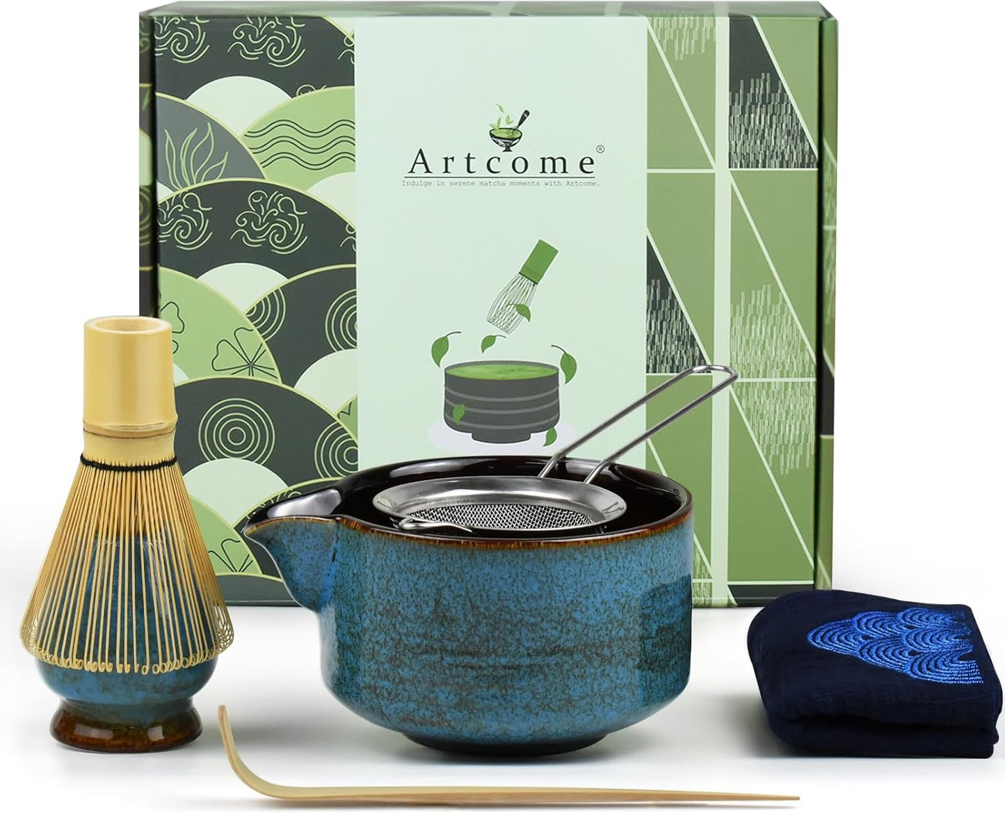 Artcome 7 Pcs Complete Matcha Ceremony Kit for Tea Ceremony, Bowl with Pouring Spout, Whisk, Tea Scoop, Matcha Powder Strainer, Matchatools For Making Usucha, Koicha and Matcha Latte (Black)