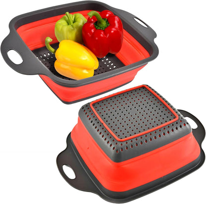 Green Kitchen Strainer Colander Set - 2 PCS Multifunctional Colander Silicone Food Strainers for Kitchen for Pasta and Spaghetti Collapsible with Plastic Handles