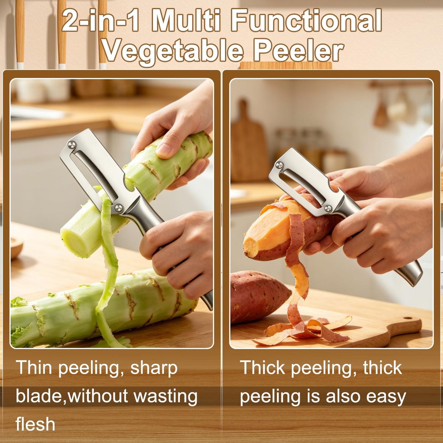 2pcs Multi-Functional Vegetable Peeler for Kitchen,2-In-1 Stainless Steel Kitchen Tool for,stainless steel sharp blade with bottle opener,Suitable for fruits and vegetables