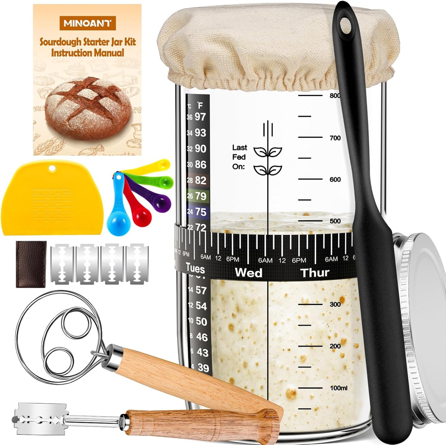 Sourdough Starter Kit, 9'' Round Banneton Proofing Basket, 36oz Sourdough Starter Jar, Bread Lame, Dough Scraper, Dough Whisk & Silicone Bread Sling