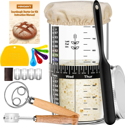 Sourdough Starter Kit, 9'' Round Banneton Proofing Basket, 36oz Sourdough Starter Jar, Bread Lame, Dough Scraper, Dough Whisk & Silicone Bread Sling