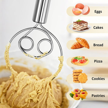 Danish Dough Whisk & Mixer Set - 2 Pack Stainless Steel Dough Whisks for Baking, Hand Mixer for Bread, Pizza, Pastry - Ergonomic Design for Easy Kneading & Blending
