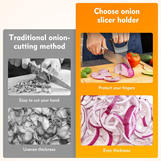 Onion Holder for Slicing, Stainless Steel Onions Slicer with Protective Cover, Vegetable Chopper Onion Slicer Holder Assistant Tool for Meat Potato Tomato Lemon Avocados