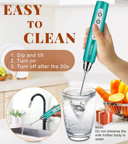 YUSWKO Black Handheld Milk Frother Wand for Coffee, Rechargeable Electric Whisk with 3 Heads 3 Speeds Drink Mixer Coffee Frother For Latte, Cappuccino, Hot Chocolate, Egg