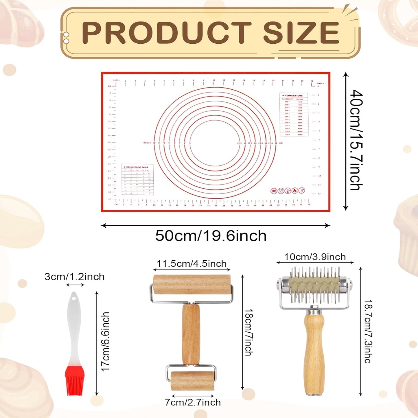 4Pcs Pizza Baking Tool Kit with Dough Docker, Non-Slip Silicone Baking Mat & Wooden Rolling Pin – Essential Tools for Pizza, Pie, Pastry, Bread and Cookies