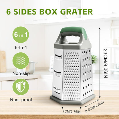 Cheese Grater, 6 Sides Box Graters for Kitchen, Stainless Steel Food Shredders for Cheese Vegetables Potatoes Carrot (Pink Handle)