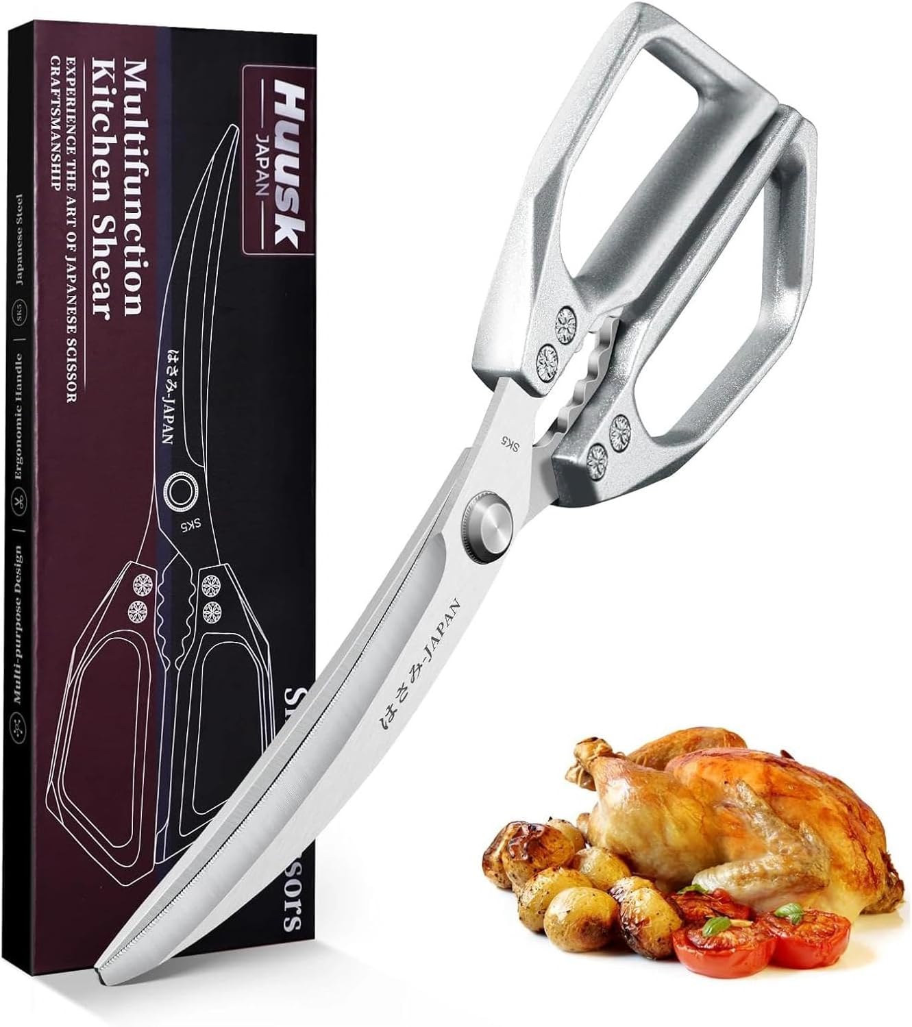 HUUSK Kitchen Scissors All Purpose - Stainless Steel Kitchen Shear, Sharp Silver Meat Scissors Dishwasher Safe, Heavy Duty Poultry Shears, Japanese Cooking Scissor for Food, Christmas Gifts for Women