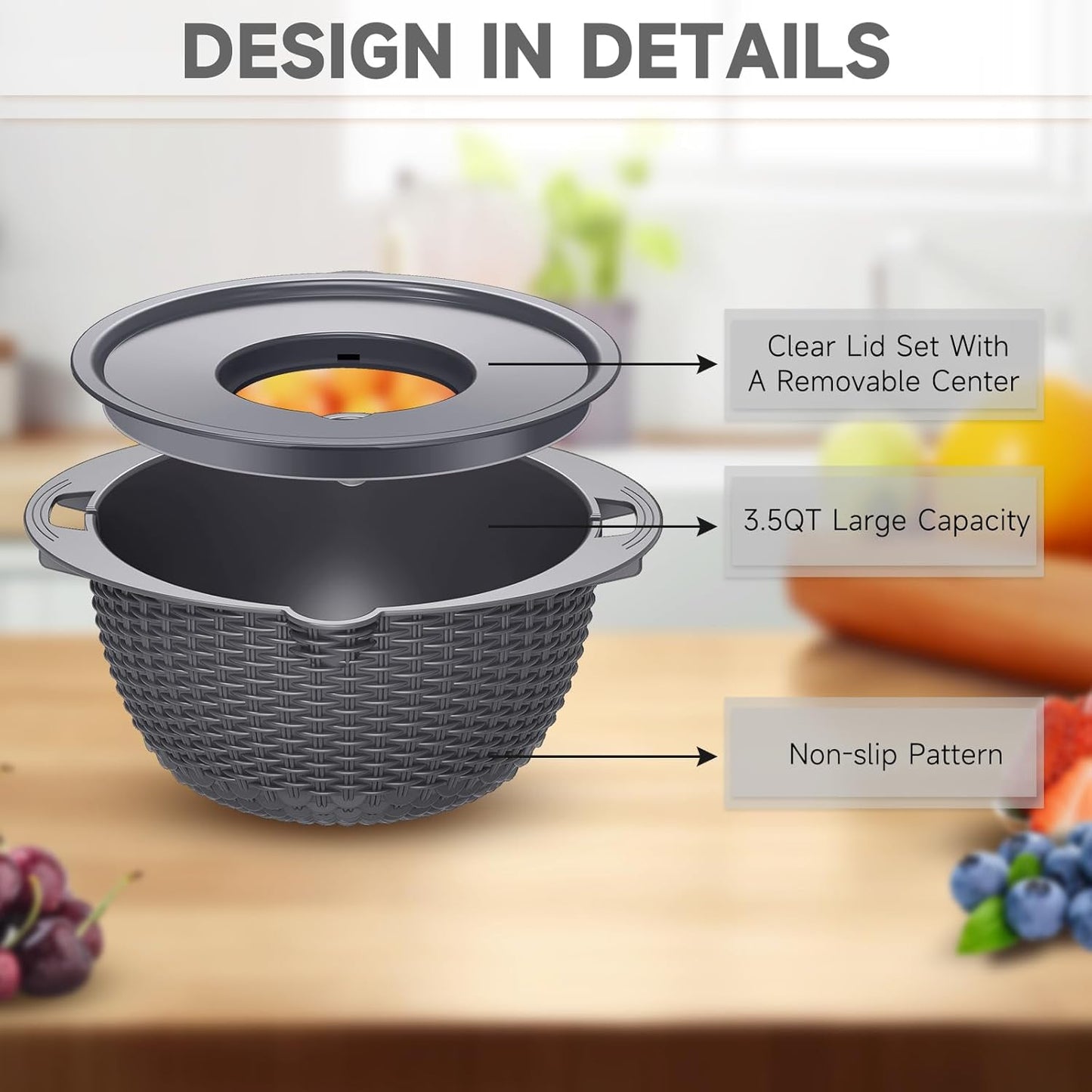 4-1 Colander with Bowl Set - Pasta Strainer - Colander for Kitchen - Strainers and Colanders Rice Strainer Fruit Cleaner Veggie Wash Sink Strainer Kitchen Essentials - Black
