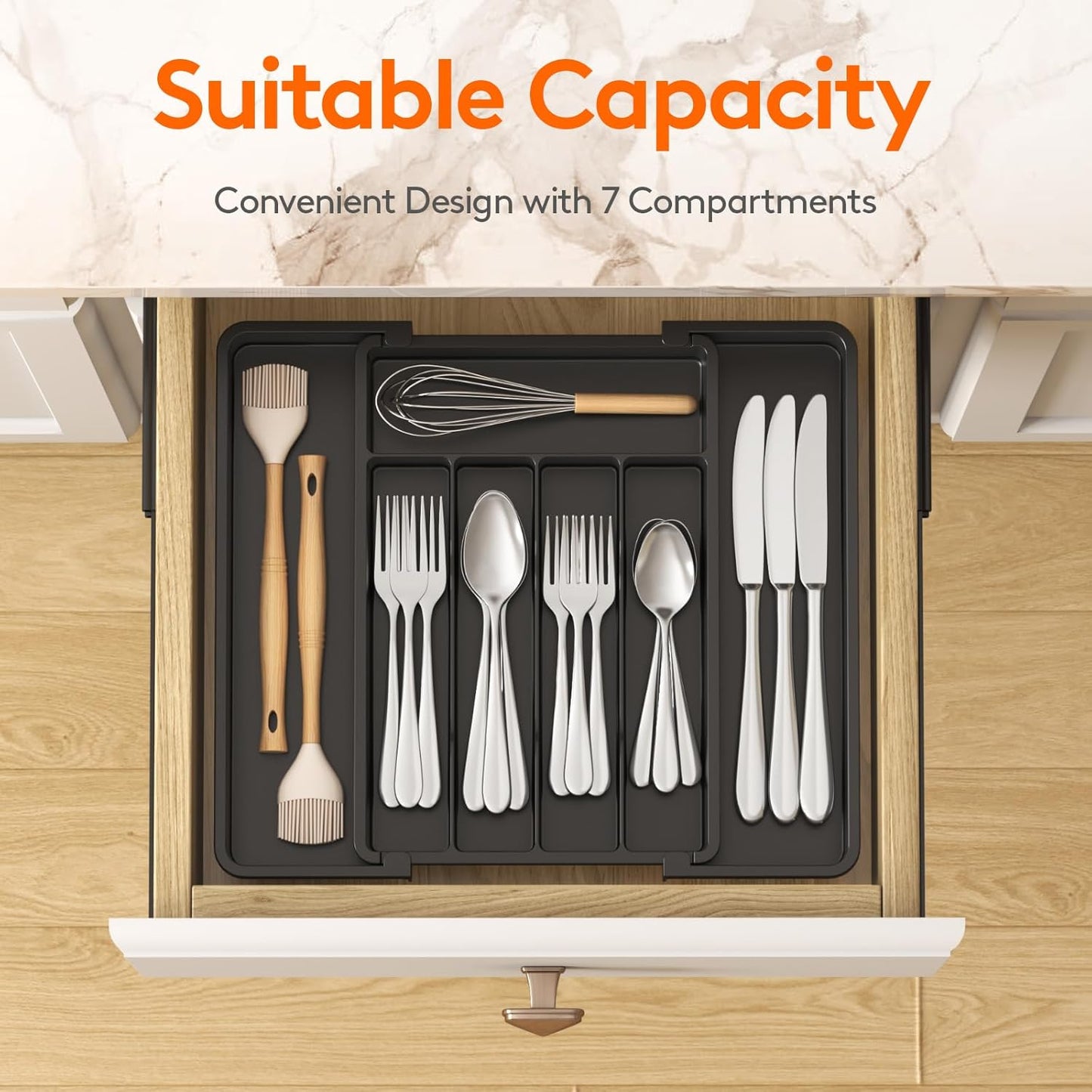 Lifewit Silverware Drawer Organizer, Expandable Utensil Tray for Kitchen, BPA Free Flatware and Cutlery Holder, Adjustable Plastic Storage for Spoons Forks Knives, 11-18 x 14", Black