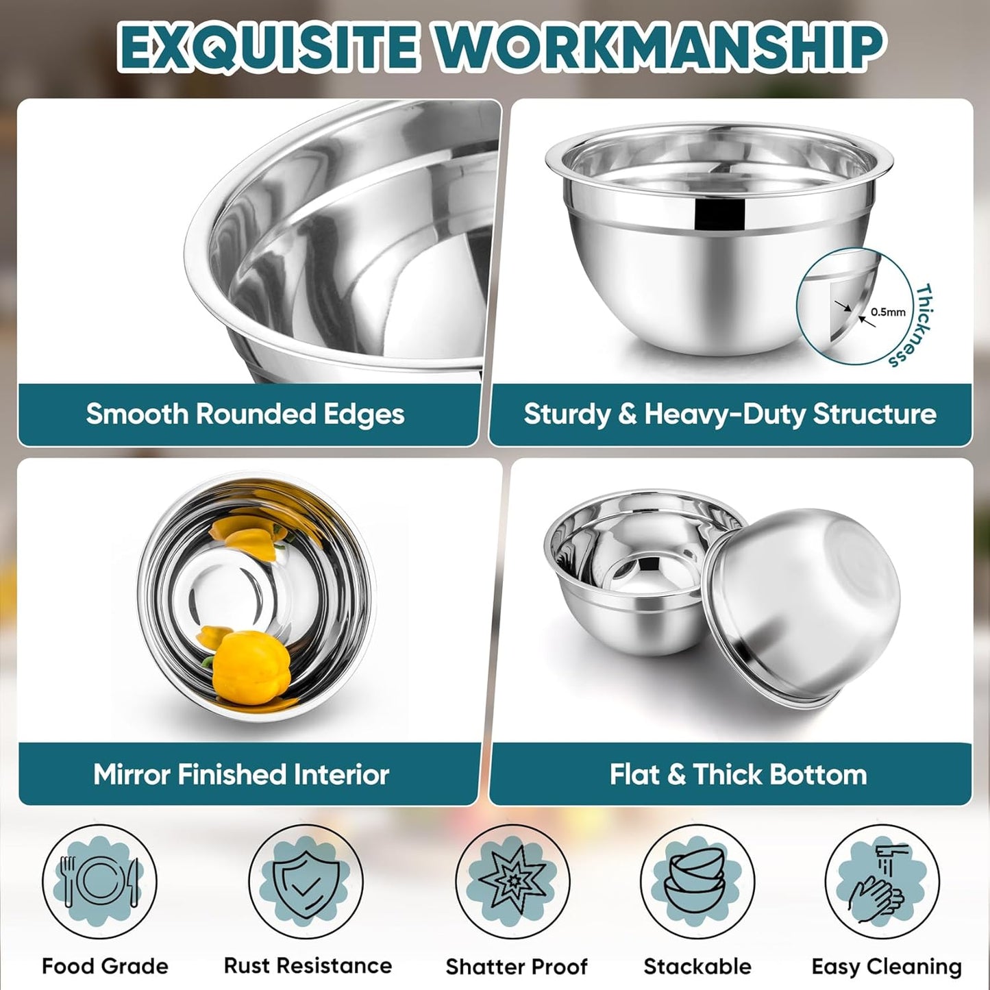 TeamFar Mixing Bowls with Lids, 5-Piece Stainless Steel Metal Nesting Salad Bowl for Mixing Prepping, Healthy & Heavy Duty, Airtight Lids & Dishwasher Safe, 4.5/3/1.5/1/0.7 QT-Khaki
