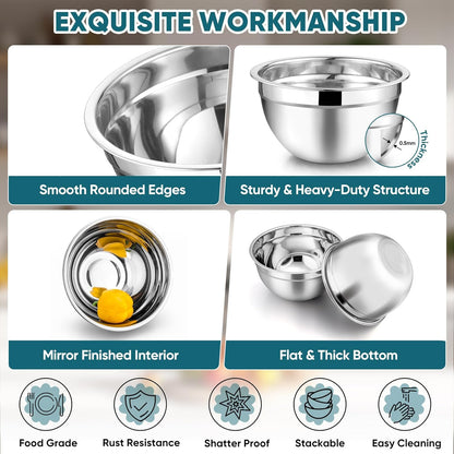 TeamFar Mixing Bowls with Lids, 5-Piece Stainless Steel Metal Nesting Salad Bowl for Mixing Prepping, Healthy & Heavy Duty, Airtight Lids & Dishwasher Safe, 4.5/3/1.5/1/0.7 QT-Khaki
