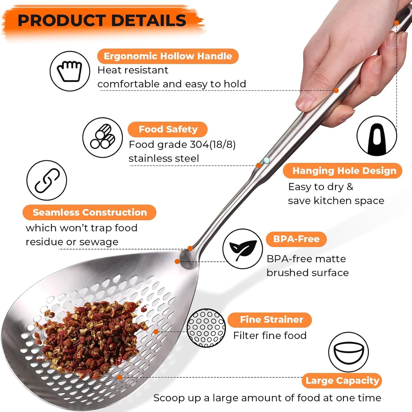 MARTE Skimmer Slotted Spoon Set of 4 - Kitchen Pasta Strainer Spoon - Spider Strainer Skimmer Ladle Spoon with Holder for Cooking and Frying Food, Spaghetti, Vegetable, Dumpling - 14.8In,16.5In,17In