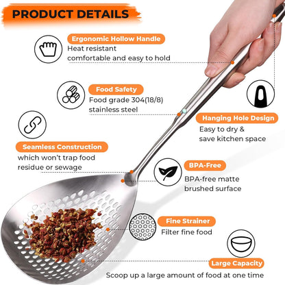 MARTE Skimmer Slotted Spoon Set of 4 - Kitchen Pasta Strainer Spoon - Spider Strainer Skimmer Ladle Spoon with Holder for Cooking and Frying Food, Spaghetti, Vegetable, Dumpling - 14.8In,16.5In,17In