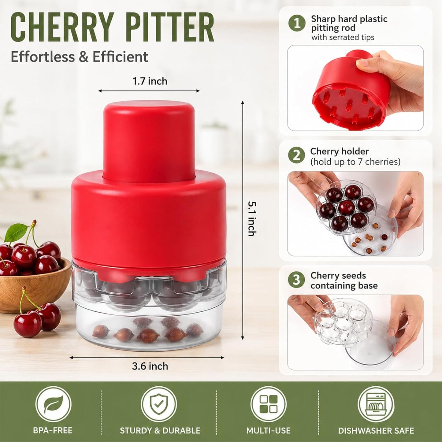 CUNSENR 7-in-1 Cherry Pitter Tool for 7 Cherries at Once, Large Capacity Cherry Corer & Cherry Seed Remover with Splash Guard, Easy Push Fruit Pitter for Cherries, Olives, Red Dates, Red