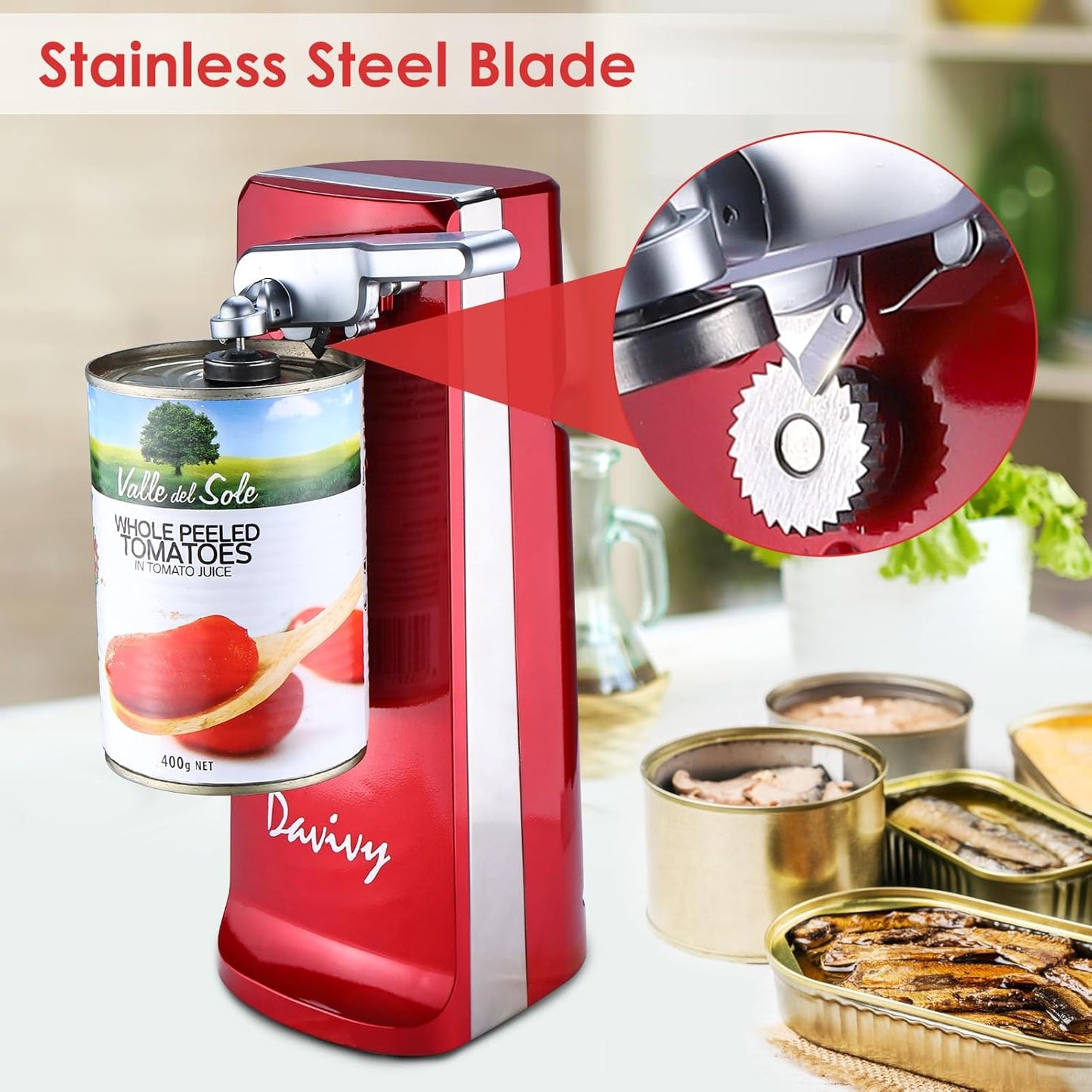 Davivy Electric Can Opener - One-Touch Hands-Free Operation,Removable Stainless Steel Cutter, 3-in-1 Design with Knife Sharpener&Bottle Opener(Blue)