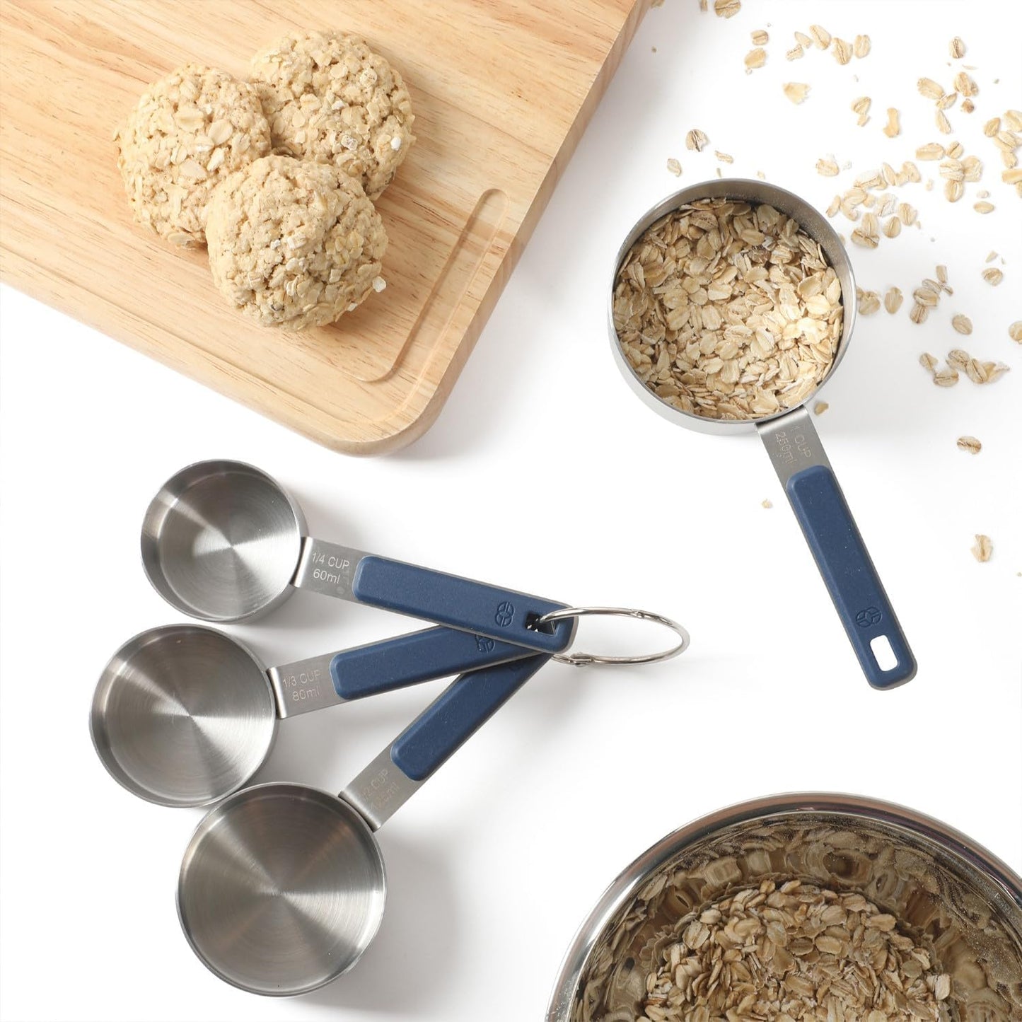 Calphalon Prime Measuring Spoons, Plastic Measuring Spoon Set, 5-Piece Stainless Steel Measuring Spoons Navy Silicone Handle Accurate, Durable for Spices and Small Portions