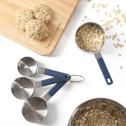 Calphalon Prime Measuring Spoons, Plastic Measuring Spoon Set, 5-Piece Stainless Steel Measuring Spoons Navy Silicone Handle Accurate, Durable for Spices and Small Portions