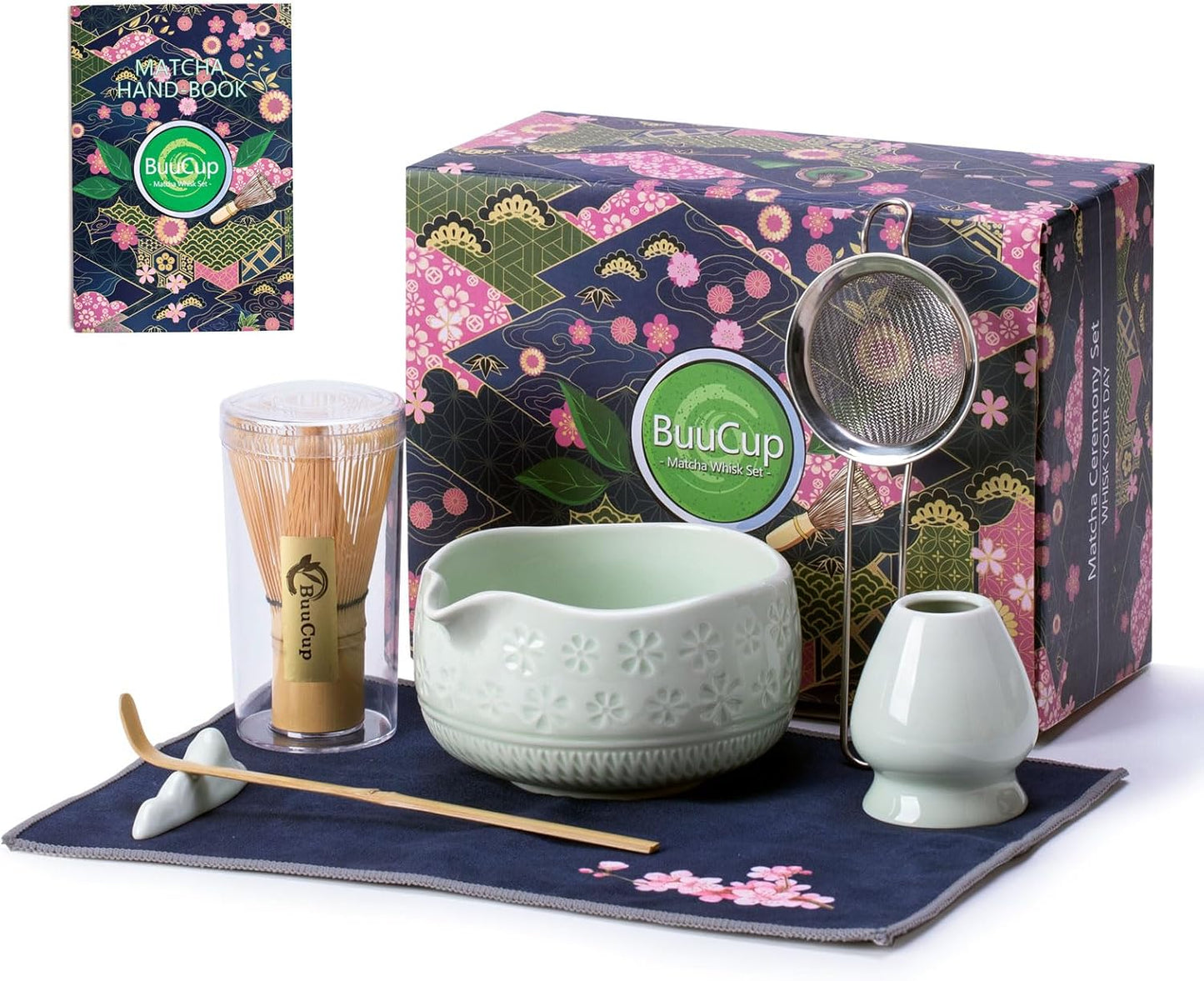 Buucup Matcha Whisk Set, Ceramic Matcha Kit Set Includes Matcha Bowl, Matcha Whisk and Holder, Bamboo Scoop, Scoop Rest, Sifter and Tea Towel - 7 Pcs Matcha Kit for Matcha Lovers (Mottled Green)