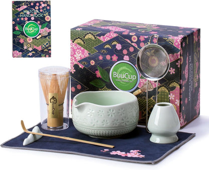 Buucup Matcha Whisk Set, Ceramic Matcha Kit Set Includes Matcha Bowl, Matcha Whisk and Holder, Bamboo Scoop, Scoop Rest, Sifter and Tea Towel - 7 Pcs Matcha Kit for Matcha Lovers (Mottled Green)