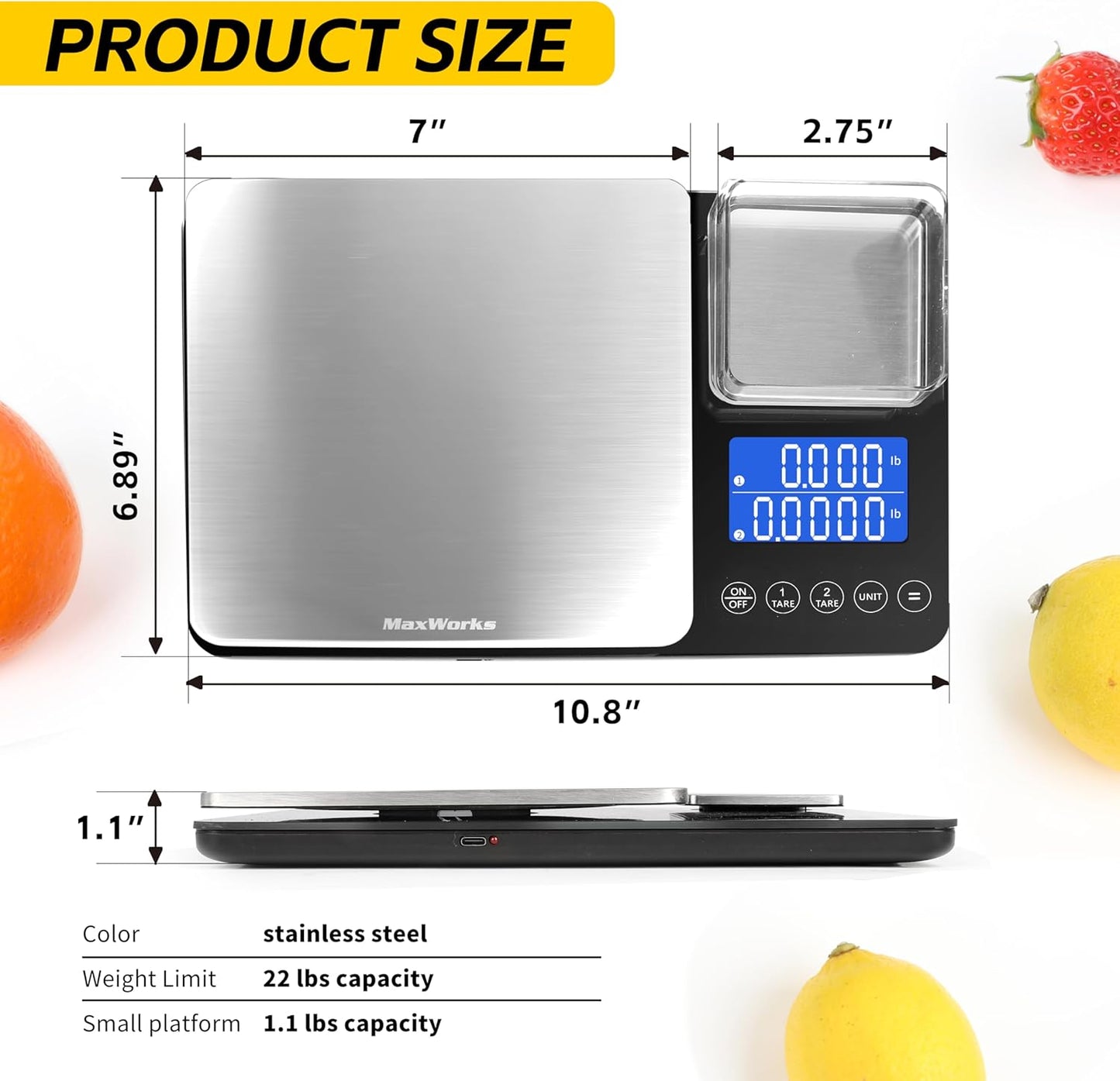 MaxWorks Precision Dual Platform Kitchen Scale Measure Bulk and Fine Ingredients Simultaneously 22 lb Max Capacity Stainless Steel and Glass Digital Scale with USB Charging and 2 Way Power (51069)