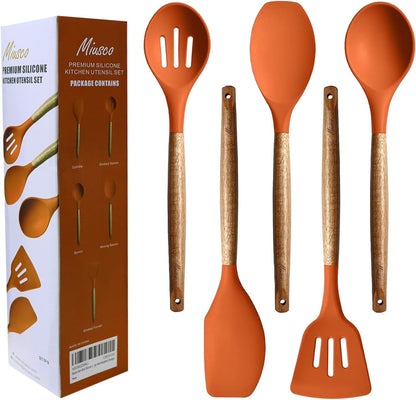 Kitchen Utensils Set, Silicone Cooking Utensils Set,Non-Stick Silicone Spatula Set with Natural Acacia Hard Wood Handle, 5 Piece, Upgraded Thickened Cookware
