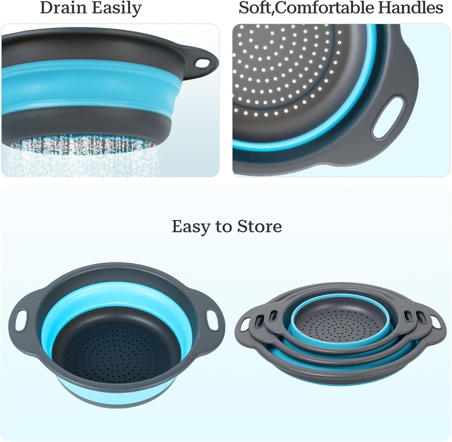 Collapsible Colander 3-Pack Set Space-Saving Foldable Kitchen Strainer with Non-Slip Base Durable Thickened PP+TPE Collapsible Strainers for Pasta, Vegetables, Fruits (Gray-White)
