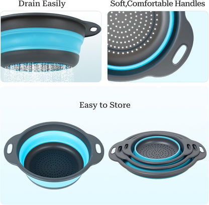 Collapsible Colander 3-Pack Set Space-Saving Foldable Kitchen Strainer with Non-Slip Base Durable Thickened PP+TPE Collapsible Strainers for Pasta, Vegetables, Fruits (Gray-White)