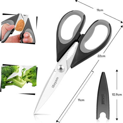 iBayam 3-Pack 8.5"Kitchen Scissors All Purpose Heavy Duty with Protective Sheath, Soft Grip Comfort Handle, Dishwasher Safe Kitchen Utensils Gadgets Set, Stainless Cooking Meat Poultry Food Shears