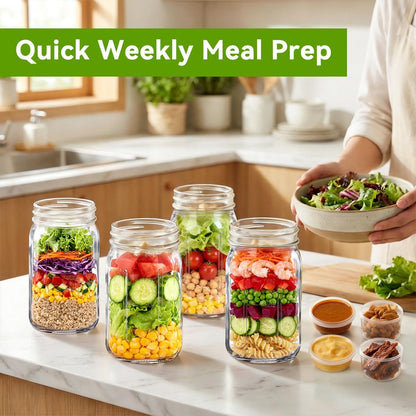 9PCS Salad Meal Prep Containers, 32oz Large Glass Salad Jars with Lids Meal Prep with 4 Forks, Leakproof Salad Container for Lunch with Separate Wet/Dry Dressing Cups for Home, Office and Outdoor