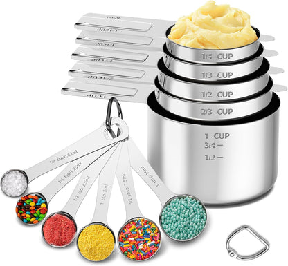 Magnetic Measuring Cups and Spoons Set, 7 Nesting Stainless Steel Measuring Cup Set with Easy to Read Markings, 7 Magnetic Measuring Spoons & 1 Leveler for Measuring Dry or Liquid Ingredients