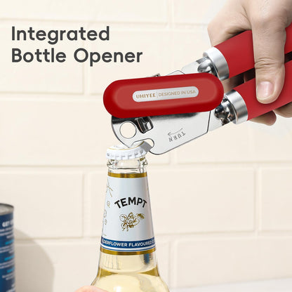 Can Opener Manual, UHIYEE Hand Held Manual Can Openers Heavy Duty with Smoother Cut Sharp Blade, Manual Hand Can Open with Soft Handle, Easy to Turn Knob, Magnetic Lid Lifter, Black