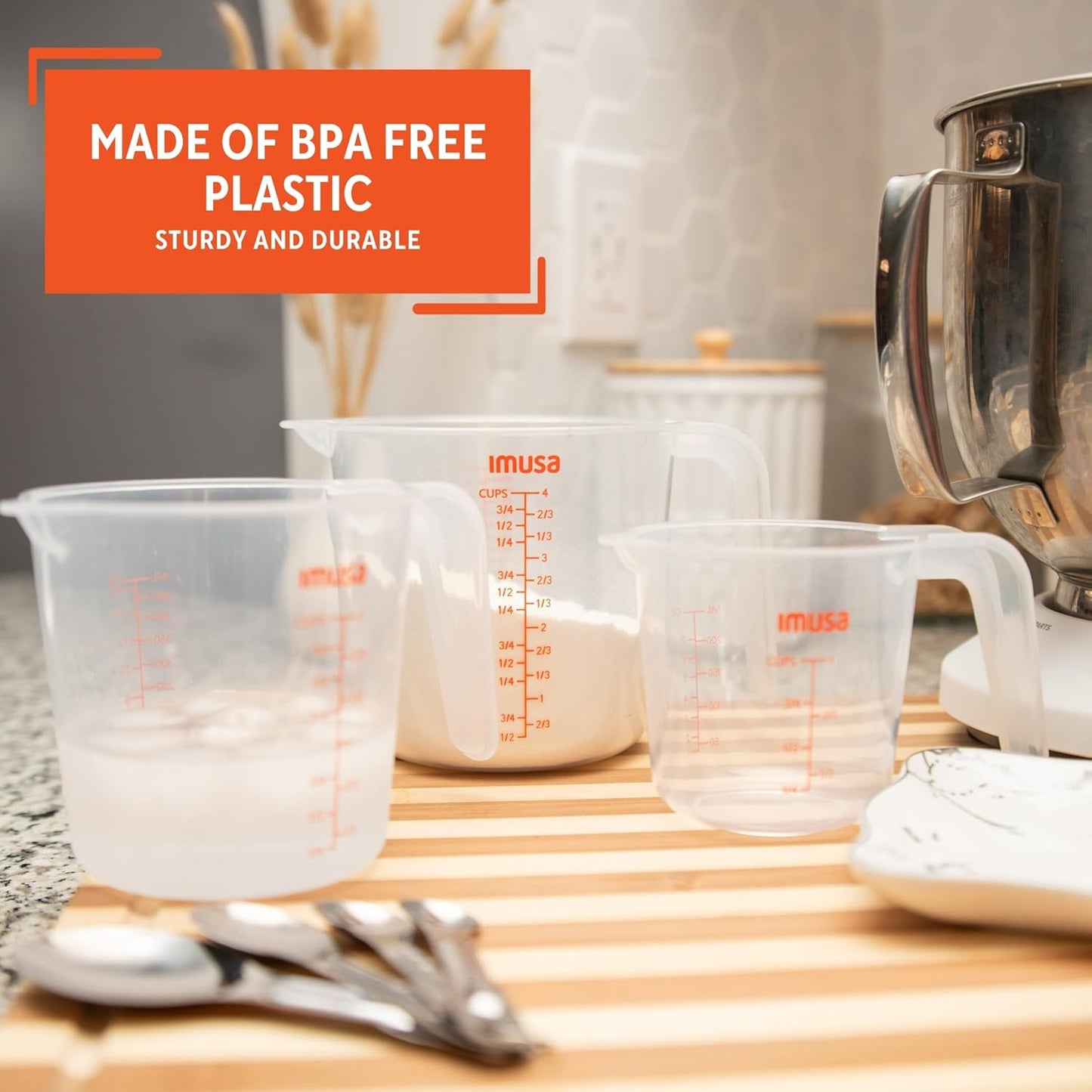 IMUSA Plastic Measuring Cups Set of 3/1,2 & 4 Cup with Easy Pour Spout & Red Indicators, Nesting Liquid and Dry Measuring Cups for Cooking & Baking