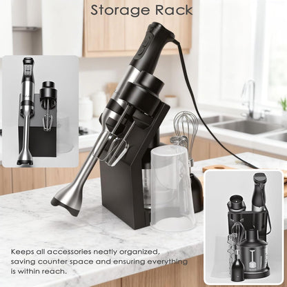 8-in-1 Hand Blender 1200W 5-Speed, Immersion Stick Blender Set with Meat Grinder Dough Hooks Whisk Mixing Cup Storage Rack, for Smoothie Soup Puree Food Dough