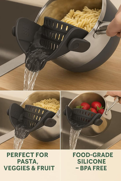 Smart Pots Food Strainer, Clip-On Silicone Colander, Heat-Resistant by TerraHome (Black)