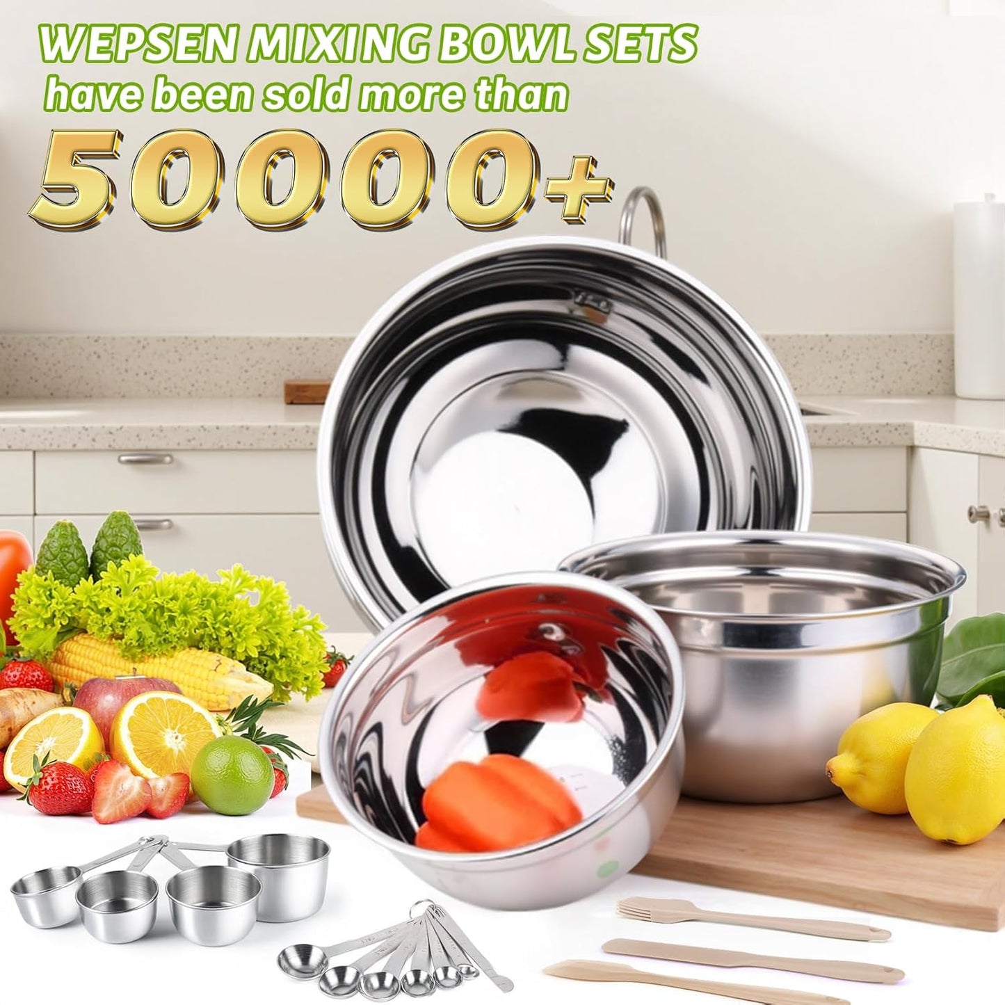 WEPSEN 5-Speed Electric Hand Mixer, 4 Large Mixing Bowls Set, Handheld Mixers with Whisks Beater, Stainless Steel Metal Nesting Bowl Measuring Cups Spoons Kitchen Cake Blender for Baking Supplies
