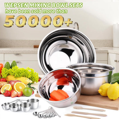 WEPSEN 5-Speed Electric Hand Mixer, 4 Large Mixing Bowls Set, Handheld Mixers with Whisks Beater, Stainless Steel Metal Nesting Bowl Measuring Cups Spoons Kitchen Cake Blender for Baking Supplies