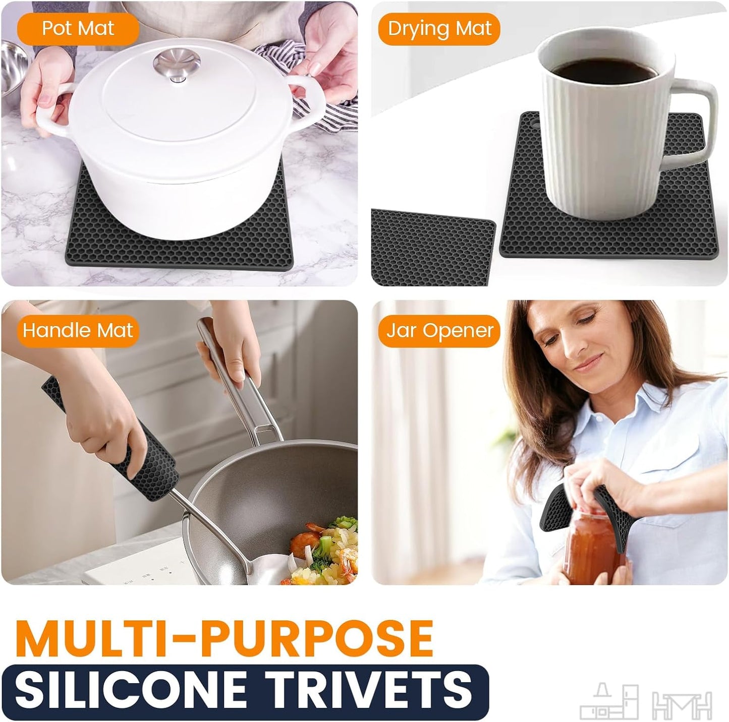 Silicone Trivet Mats 4 Heat Resistant Pot Holders Multipurpose Non-Slip Hot Pads for Kitchen Potholders, Drying mat, Jar Opener, Spoon Holder, Coaster.(Dark Grey)