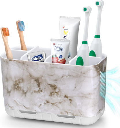 Boperzi Toothbrush and Toothpaste Holder Drainage for Bathroom Countertop with Adjustable Dividers, Large Toothpaste Caddy Organizer Storage Rustic Decor Set Anti-Slip for Shower,Family,Kids Gray