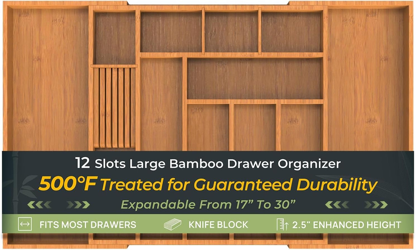 keechee Carbonized Bamboo Kitchen Drawer Organizer, 10 Slots Expandable Silverware Organizer, Utensil Holder & Cutlery Tray, 2.2" Deep for Extra Capacity, Non-Slip Feet Included