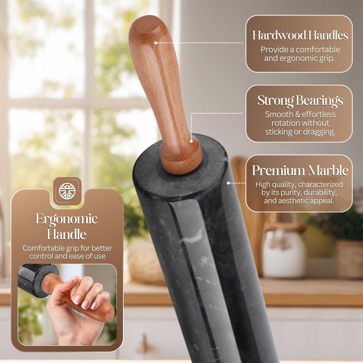 Flexzion Marble Rolling Pin Heavy Nonstick Stone Dough Roller - 10 Inch Polished Barrel with Wooden Handles & Cradle Stand for Baking Pastry Bread Pizza Cookies Pie Crust Pasta Tortillas (White)