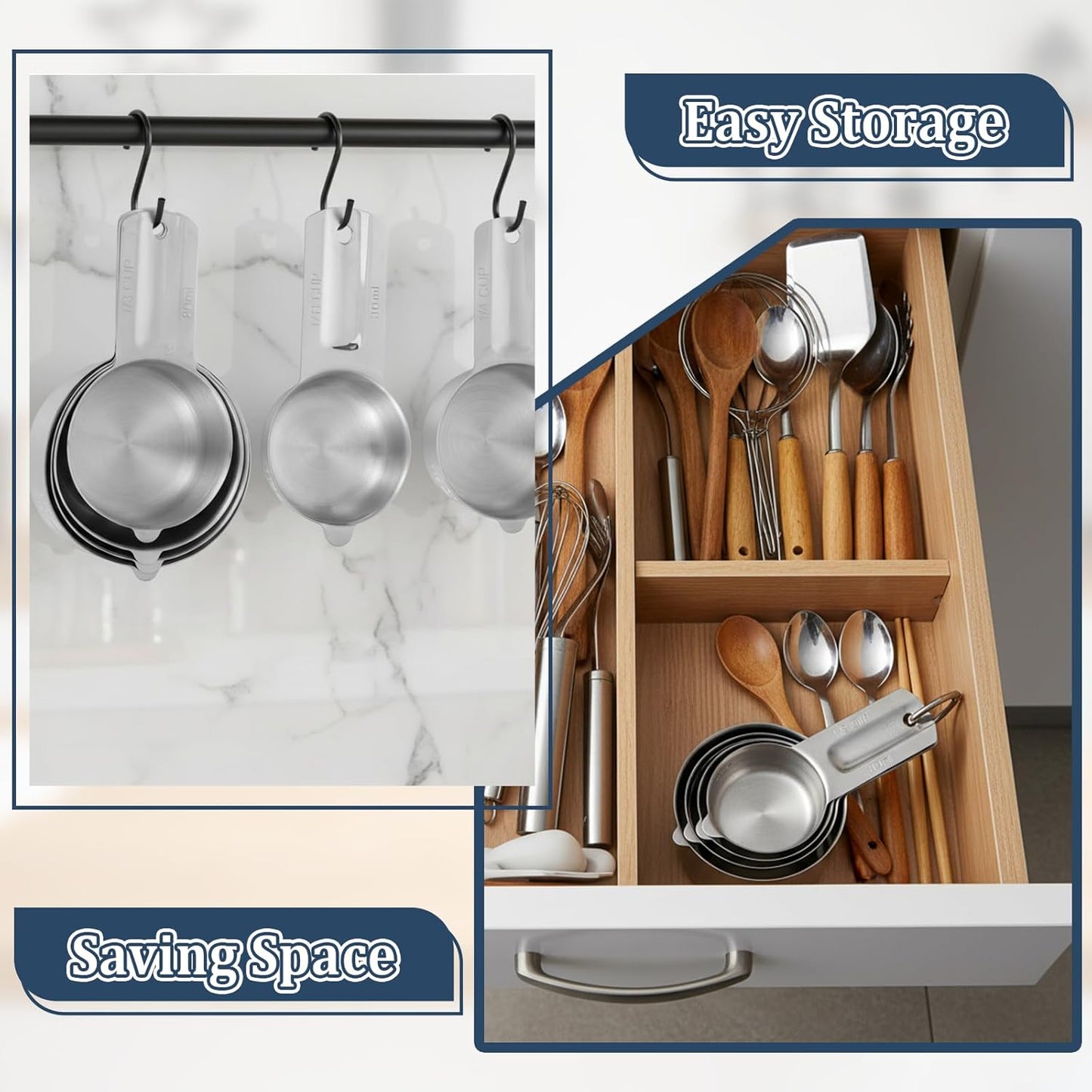 Measuring Cups and Spoons Set of 13, 7 Stainless Steel Nesting Cups and 6 Measuring Spoons, 2 Detachable Rings, Kitchen Gadgets for Baking Cooking, Dry and Liquid Ingredients